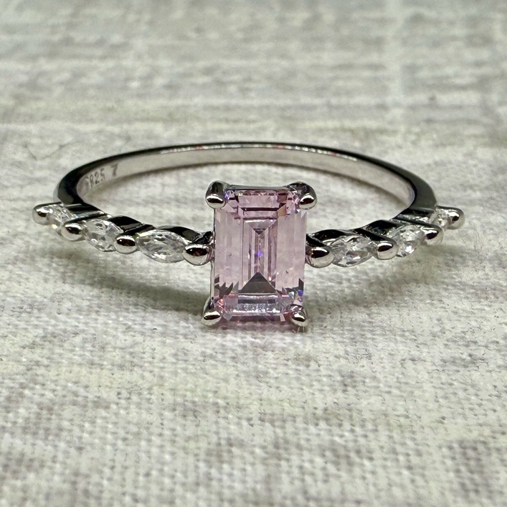 NWT Sterling Silver & Pink CZ Emerald Cut Ring, Size 7 - Picture 2 of 4